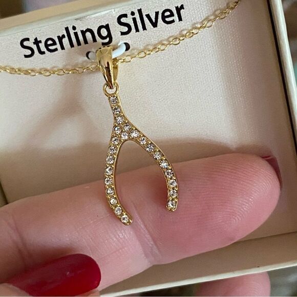 Wishbone Sterling Silver Gold Plated CZ Necklace - Picture 4 of 4